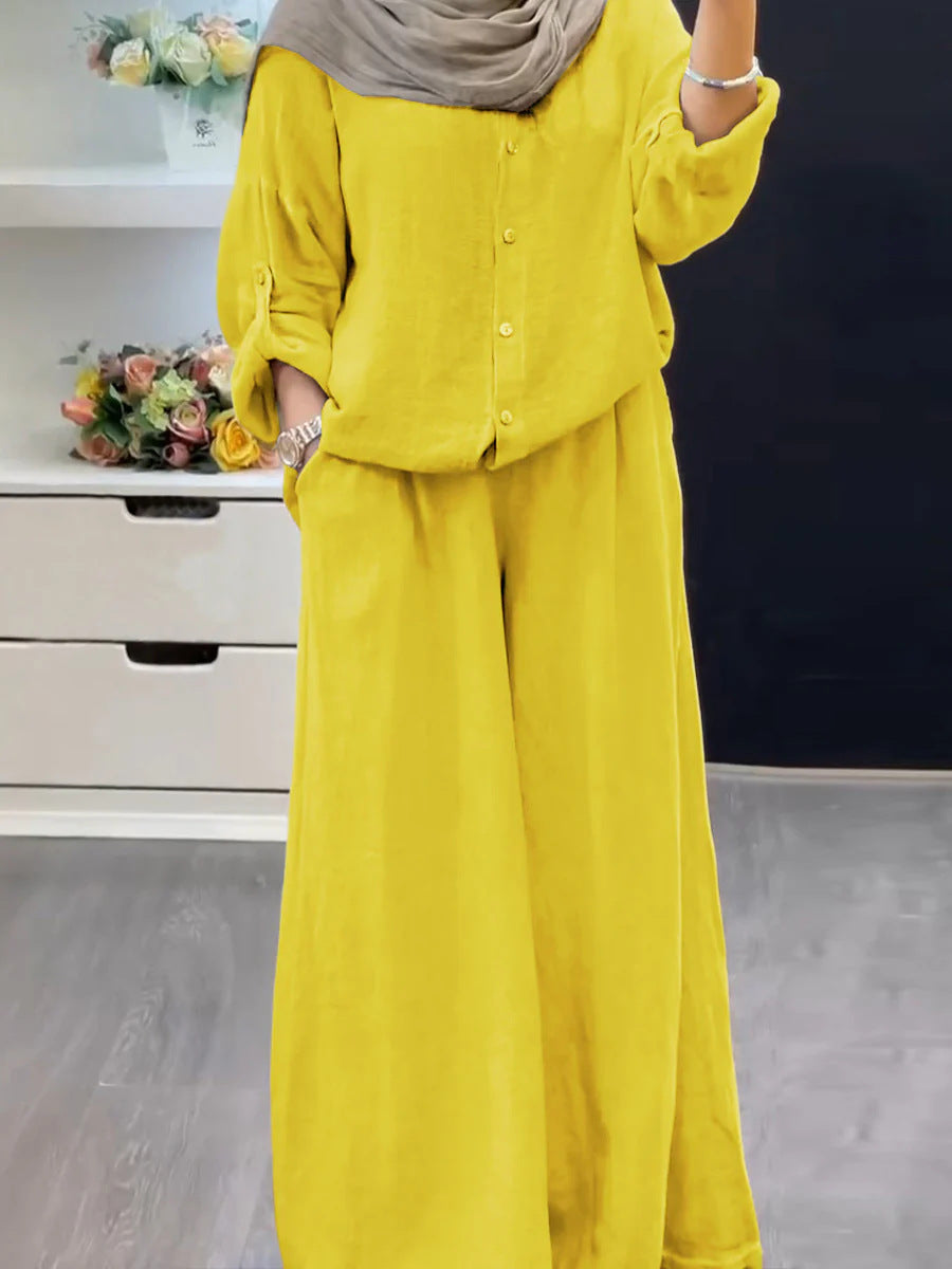 Cotton-linen Solid-color Shirt Set With Loose-fitting Trousers