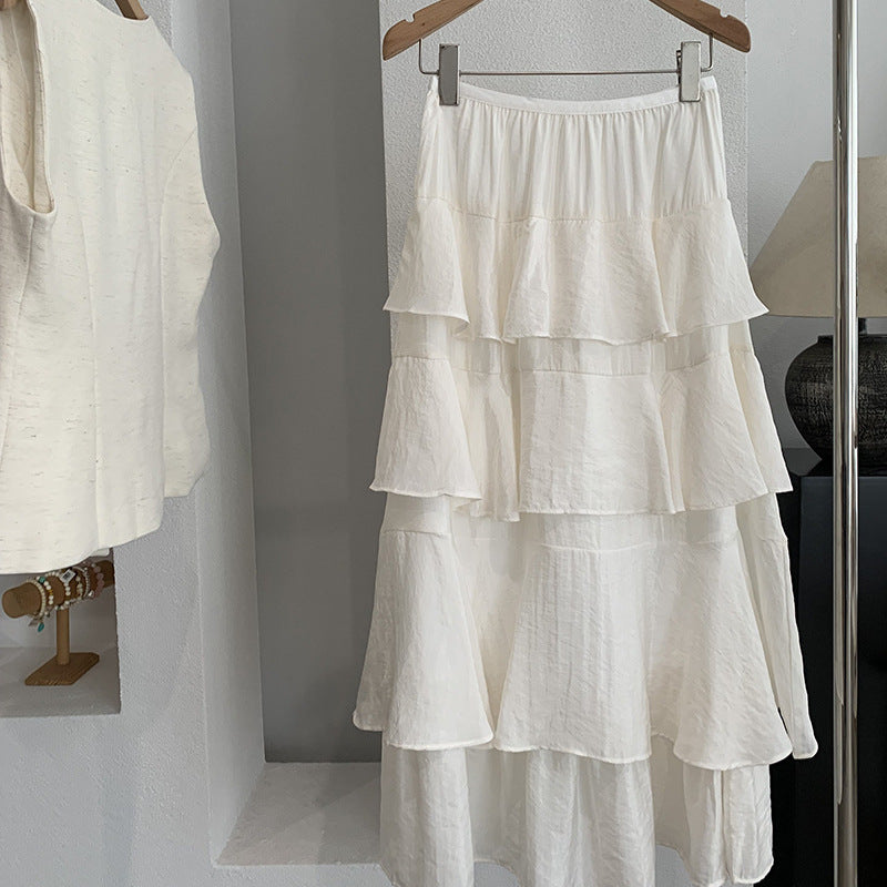 Single-breasted Vest Ruffled Midi Tiered Skirt Two-piece Set
