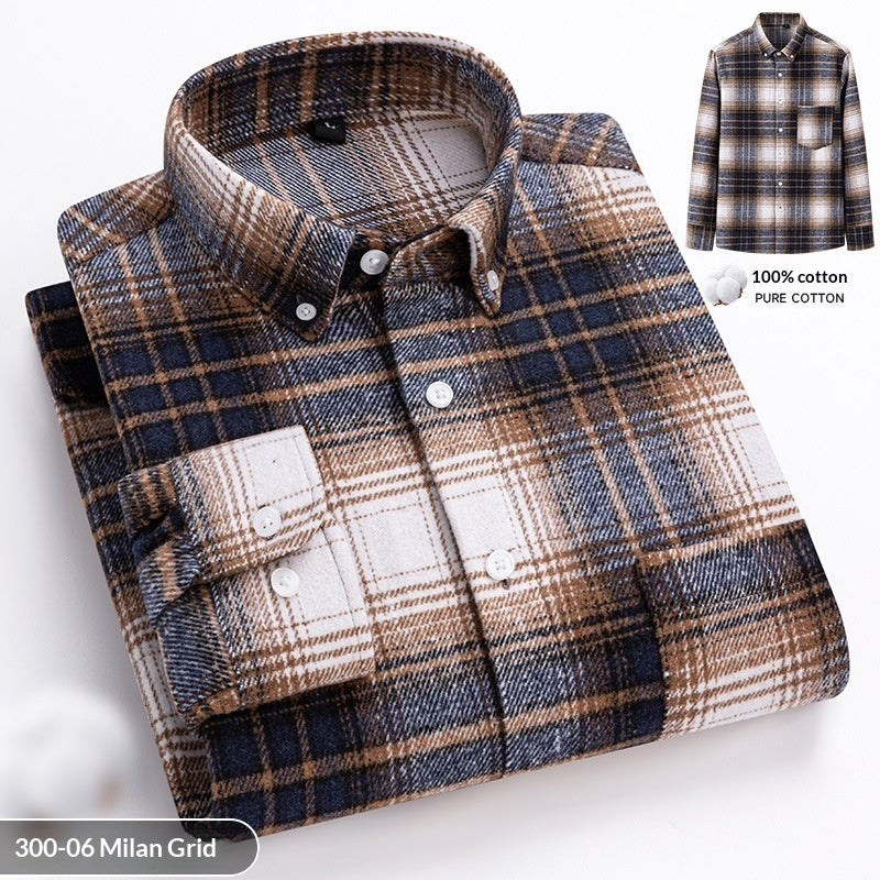 New Fuzzy-Brushed Plaid Mens Shirt Thickened Long-Sleeve Top