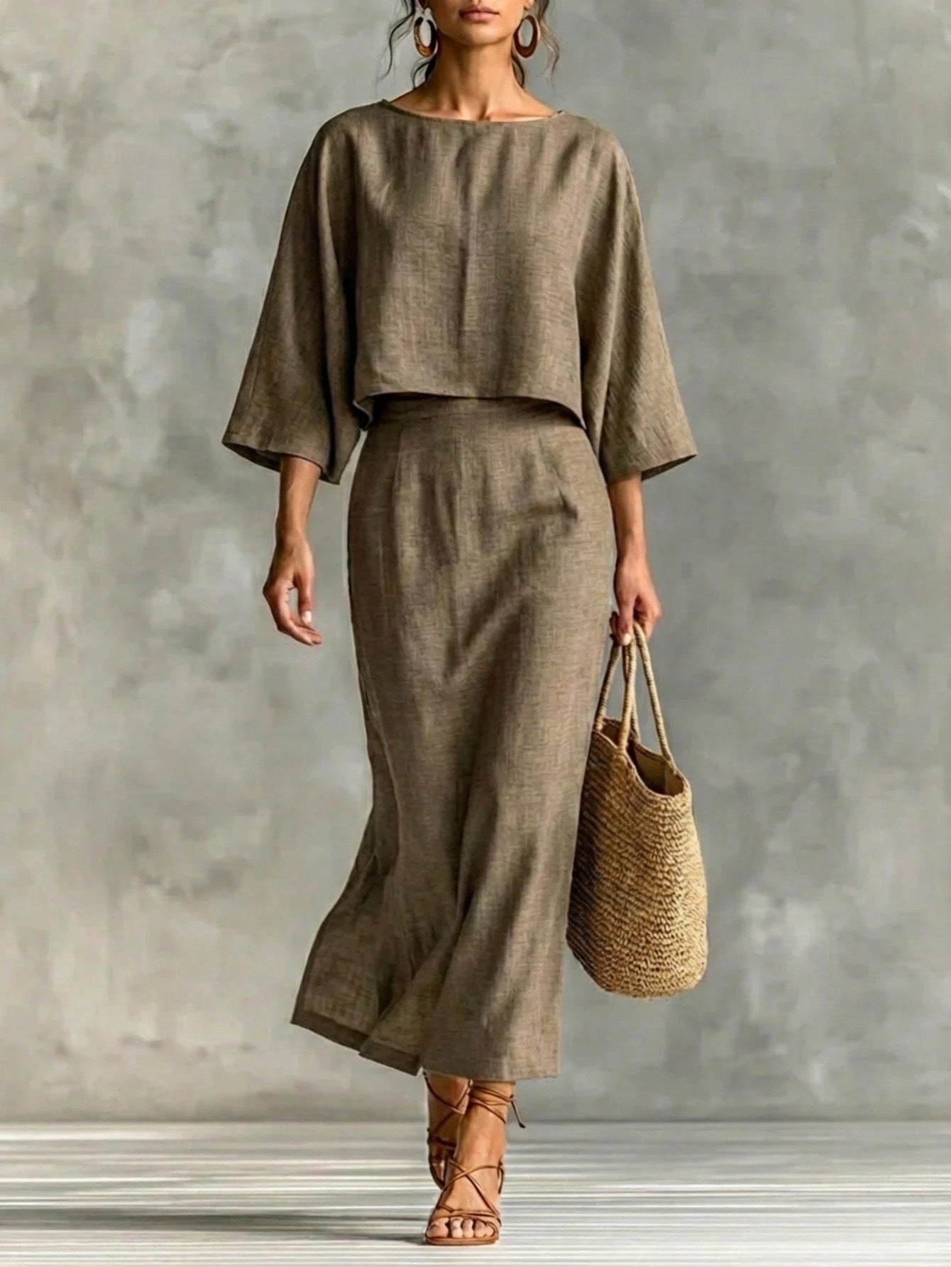 Womens High-Waisted Midi Skirt And Loose Top Set