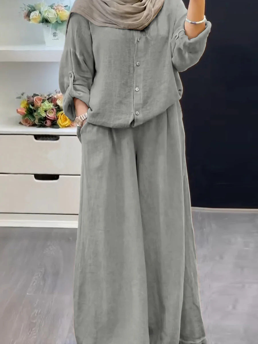 Cotton-linen Solid-color Shirt Set With Loose-fitting Trousers