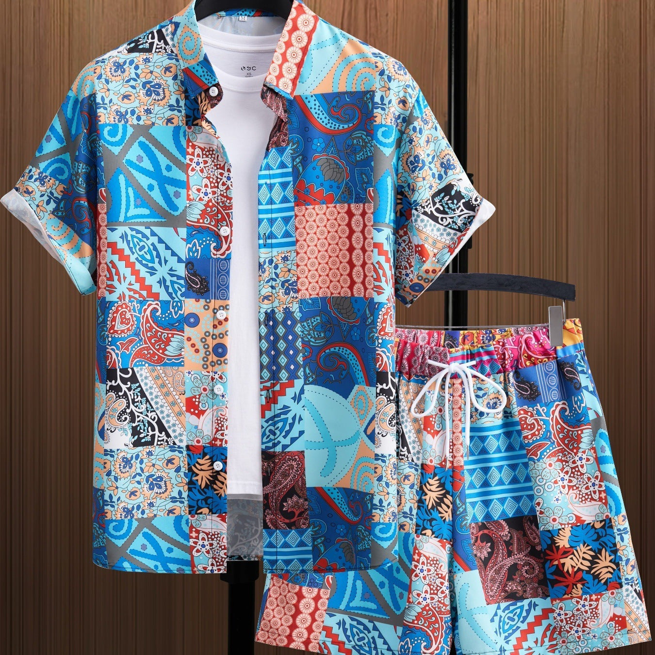 Casual Lapel-Button Hawaiian Shirt And Shorts Set For Men