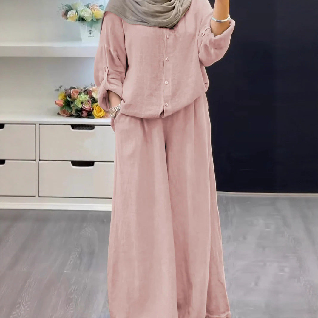 Cotton-linen Solid-color Shirt Set With Loose-fitting Trousers